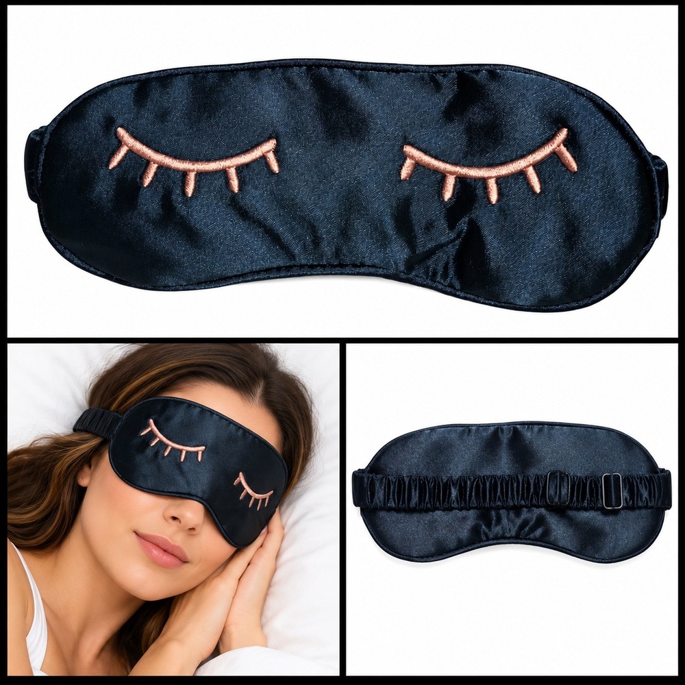 Teal Blue Satin Sleep Mask Rose Gold Embroidered Eyelashes